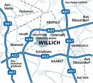Karte: Lage der Stadt Willich zwischen Düsseldorf, Krefeld und Mönchengladbach