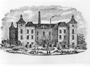 Schloss Neersen als Baumwollspinnerei: Zeichnung von 1854